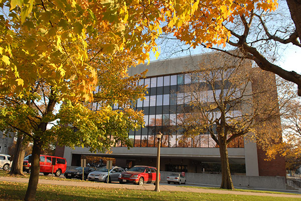 Exterior of DeGarmo Hall in the fall.