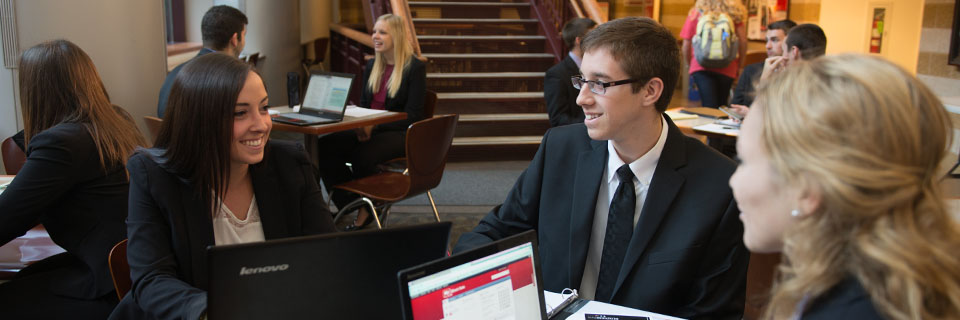 Students gathered in the College of Business building.