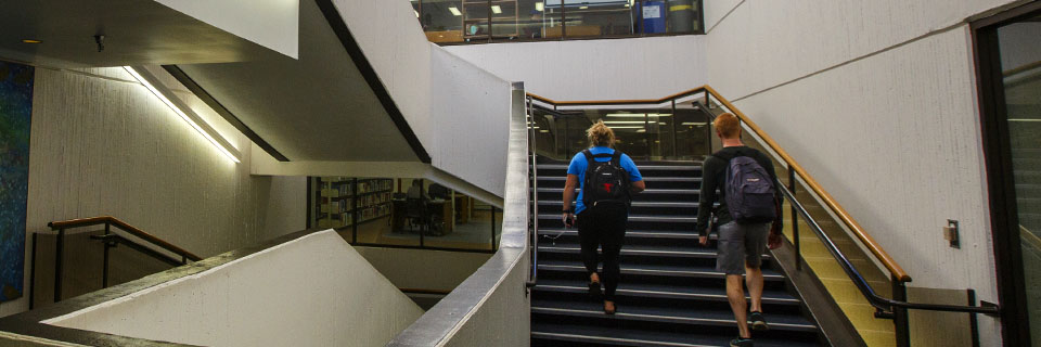 Two students climb the staircase of Milner Library.